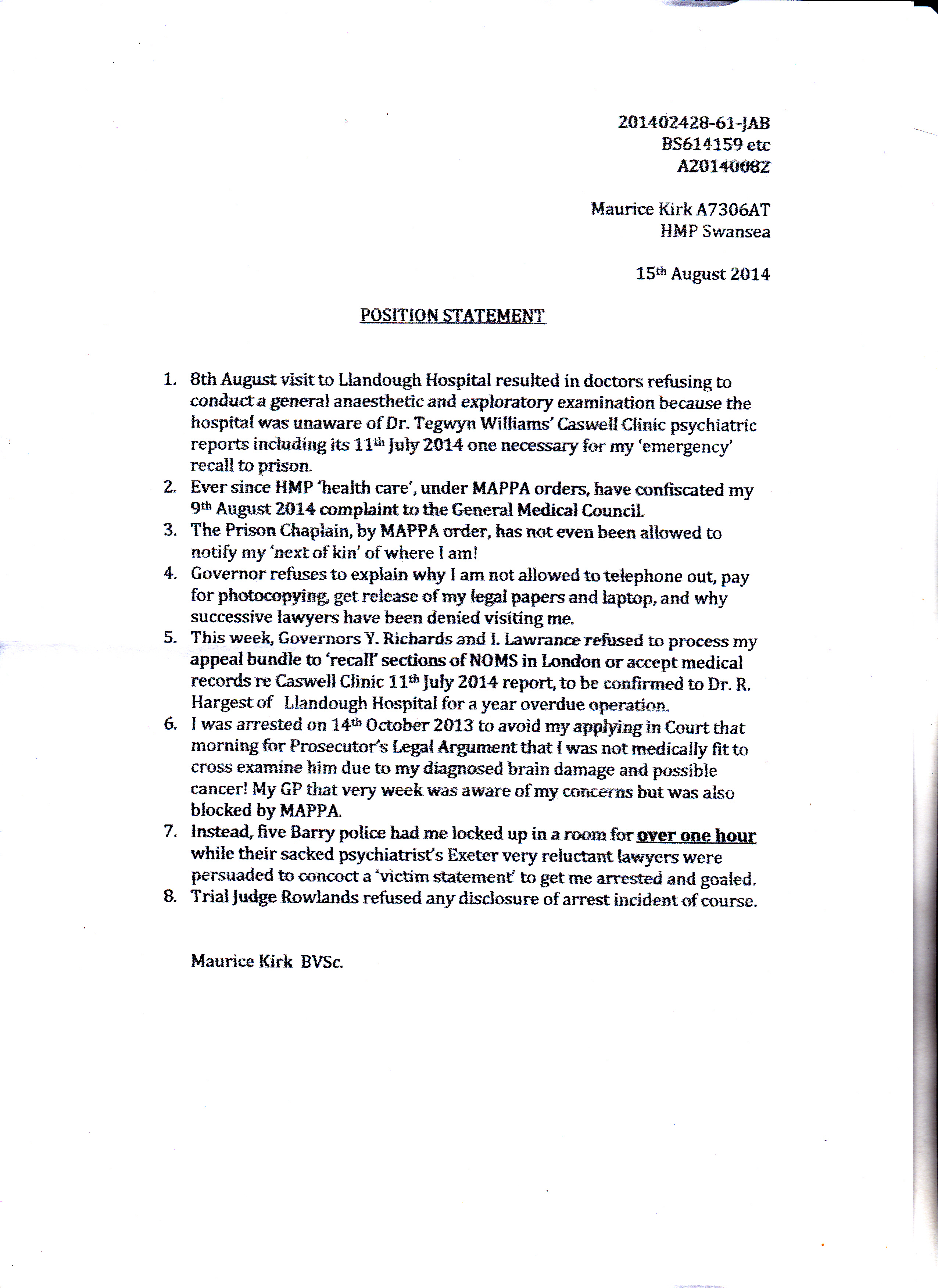 Position Statement 15 August 2014